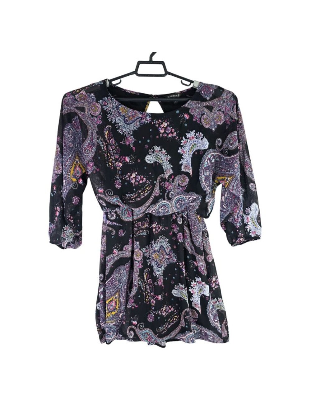 Womens Express Paisley Print Black Multicolor Mini Dress 3/4 Sleeves Tie Waist M